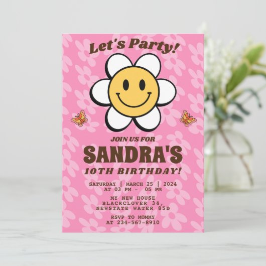 Invitation modifiable sourire fleur rétro (Debout devant)