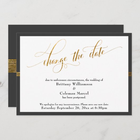 Invitation Modifier la date Elegant Dark Grey Gold Stripe Car (Devant / Derrière)
