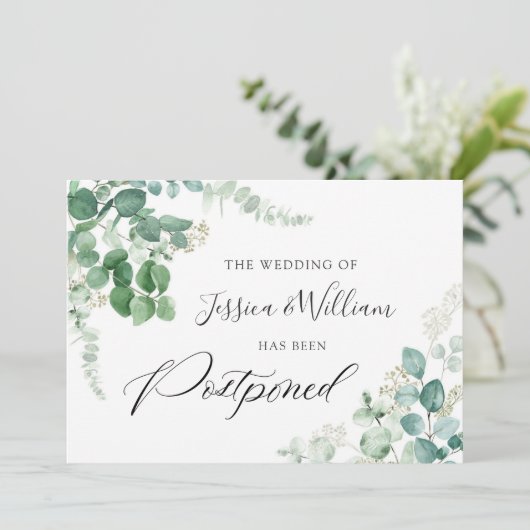 Invitation Modifier la date reportée de l'aquarelle Eucalyptu (Debout devant)