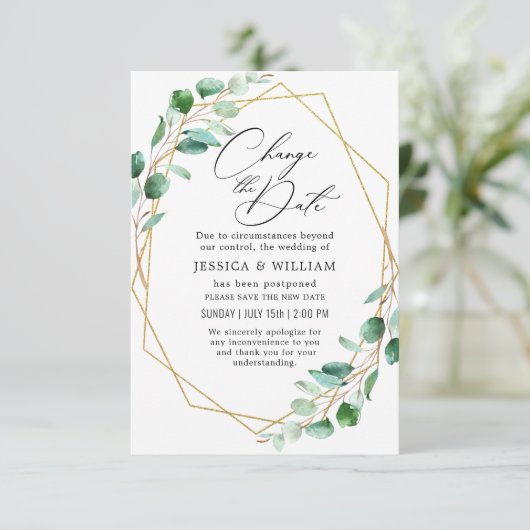 Invitation Modifier la date reportée Elegant Eucalyptus (Debout devant)