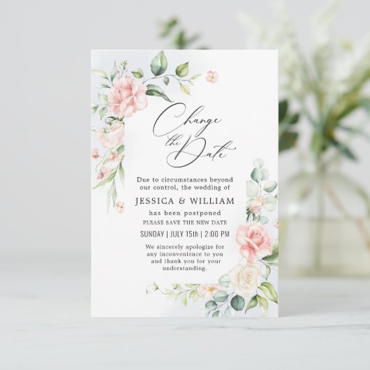 Invitation Modifier la date reportée Elegant Rose Eucalyptus (Debout devant)