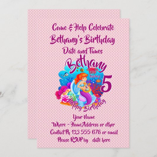 Invitation Modifier le nom d'âge Mermaid Anniversaire Fête Pe (Devant / Derrière)