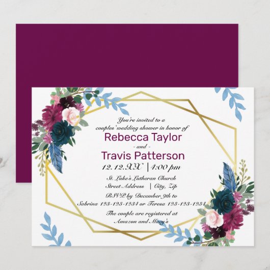 Invitation Module Fleurs Florales Prune - Mariage Couple (Devant / Derrière)