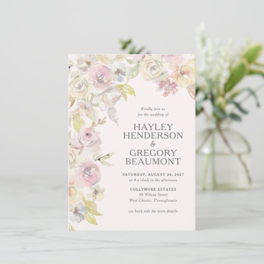 Invitation Moelleux Pastel Florals Mariage double face (Debout devant)