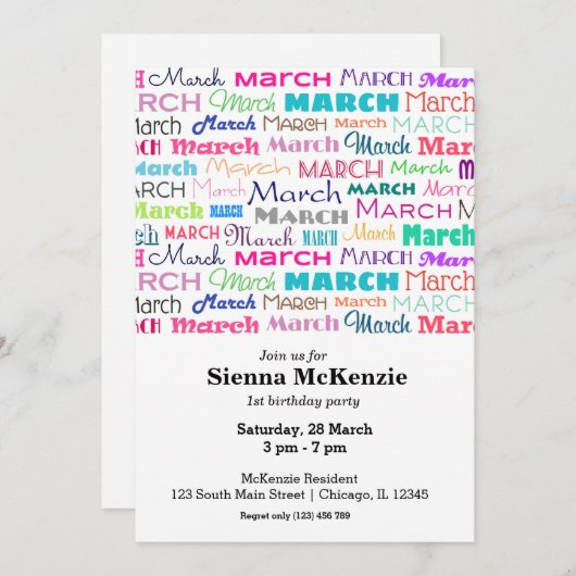 Invitation Mois d'anniversaire mars (Devant / Derrière)