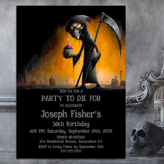 Invitation Moissonneur sinistre avec gâteau d'anniversaire