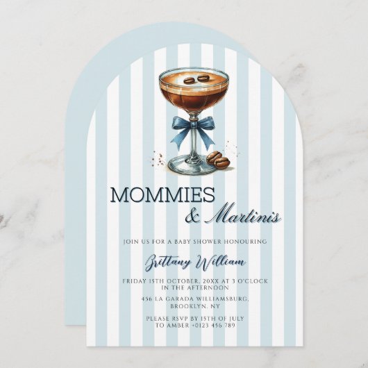 Invitation Mommies and Martinis Blue Bow Arch Baby shower (Devant / Derrière)