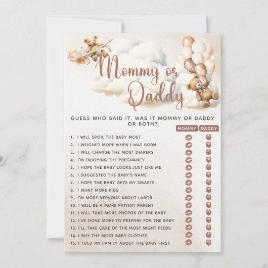 Invitation MOMMY OU DADDY Baby shower Jeu Ours Ballons (Devant)