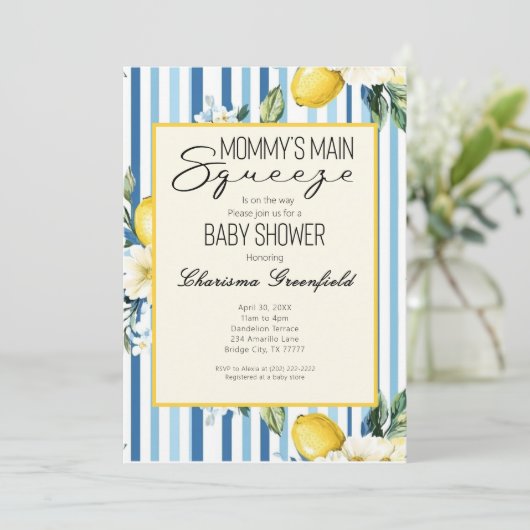 Invitation Mommy's Main Squeeze Lemon Blue Boy Baby Shower (Debout devant)