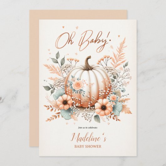 Invitation Mon bébé ! Automne Citrouille Baby shower Blush Fl (Devant / Derrière)