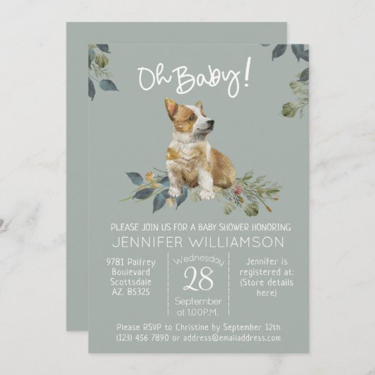Invitation Mon bébé ! Baby shower Chien Corgi Puppy Invitatio (Devant / Derrière)