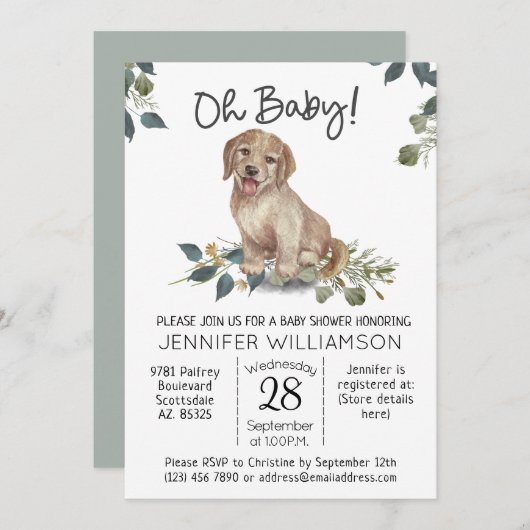 Invitation Mon bébé ! Baby shower chien mignon (Devant / Derrière)