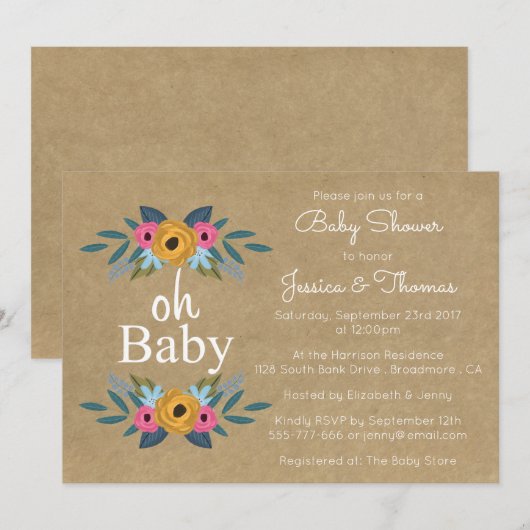 Invitation Mon bébé ! Baby shower de couronnes florales Kraft (Devant / Derrière)