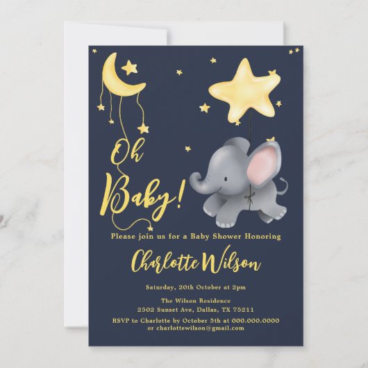 Invitation Mon bébé ! Baby shower Eléphant et Balloon mignon (Devant)