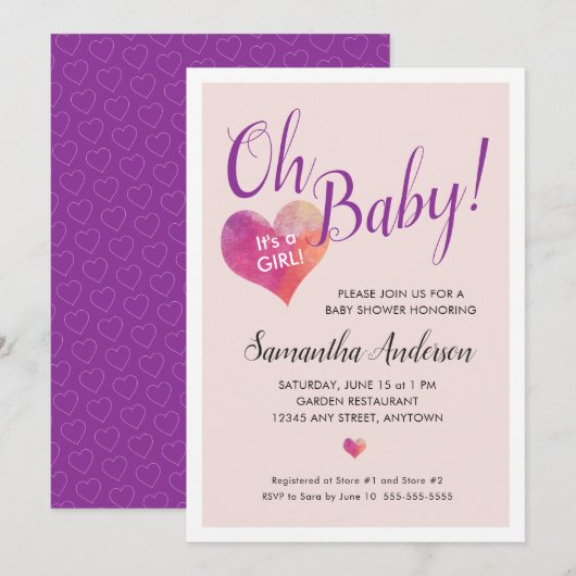 Invitation Mon bébé ! C'est un Baby shower de coeur rose fill (Devant / Derrière)