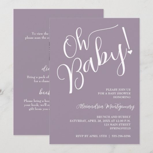 Invitation Mon bébé ! Code QR baby shower violet (Devant / Derrière)