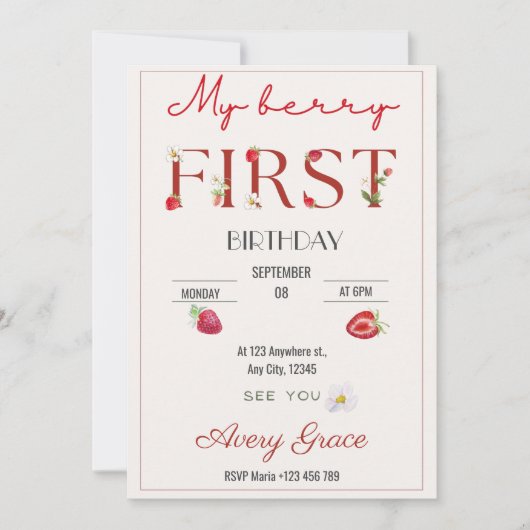 Invitation Mon Berry Premier Anniversaire Fraises mignonnes (Devant)