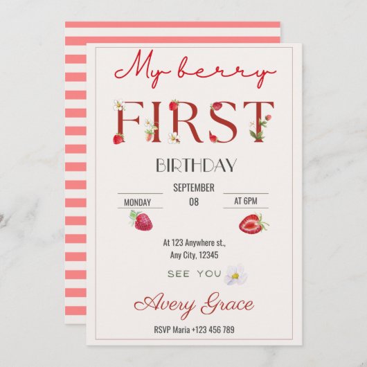 Invitation Mon Berry Premier Anniversaire Fraises mignonnes (Devant / Derrière)