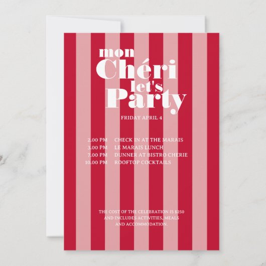 Invitation Mon Cherie Faisons la fête Cherry Red Bold Stripe (Dos)