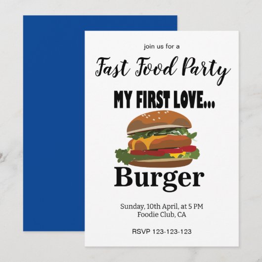 Invitation Mon Premier Amour Burger Restauration Rapide Fête (Devant / Derrière)
