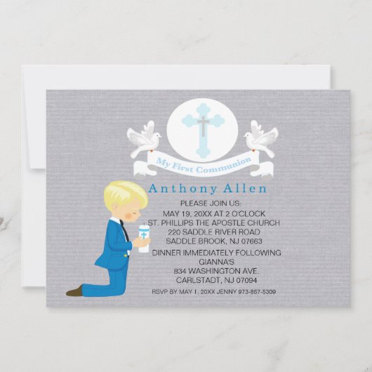 Invitation Mon premier Garçon de Communion Kneeling Invitatio (Devant)