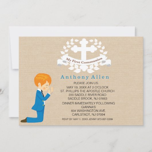 Invitation Mon premier Garçon de Communion Kneeling Invitatio (Devant)