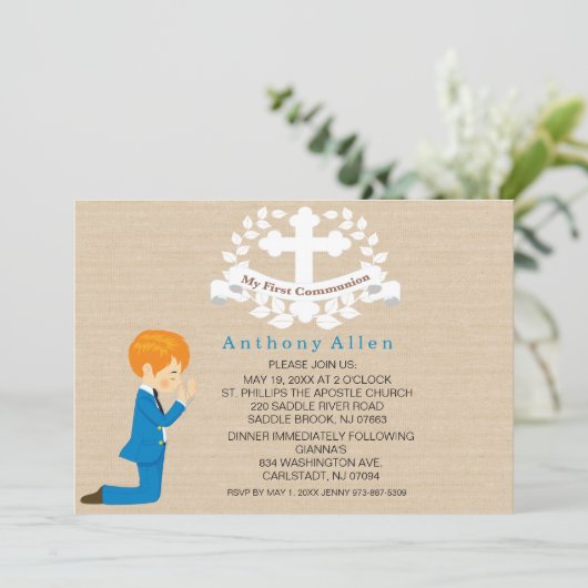 Invitation Mon premier Garçon de Communion Kneeling Invitatio (Debout devant)