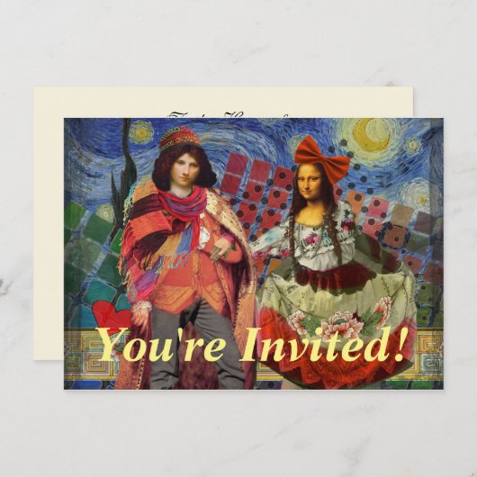 Invitation Mona Lisa Romantic Funny Art coloré (Devant / Derrière)