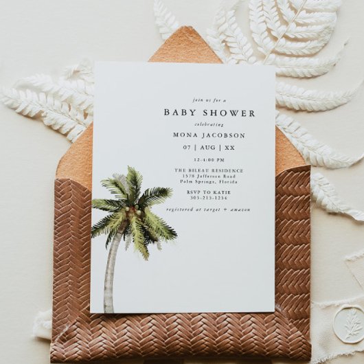 Invitation MONA Moderne Tropical Palm Tree Beach Baby shower
