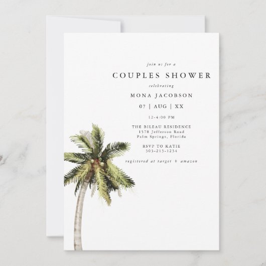 Invitation MONA Moderne Tropical Palm Tree Couples Douche (Devant)