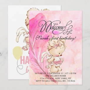 Invitation Monde rose avec plume magique, anniversaire pour f