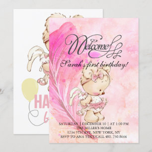 Invitation Monde rose avec plume magique, anniversaire pour f