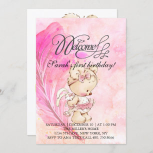 Invitation Monde rose avec plume magique, anniversaire pour l