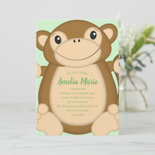 Invitation Monkey Anniversaire Vert (Debout devant)