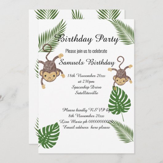 INVITATION MONKEY BOTANICAL GREEN FERN ENFANTS ANNIVERSAIRE (Devant / Derrière)
