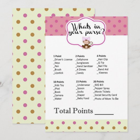 Invitation Monkey Girl Baby shower Ce qui est dans votre jeu (Devant / Derrière)