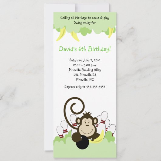 Invitation Monkey Jungle Safari Bowling Party 4x9 (Devant)