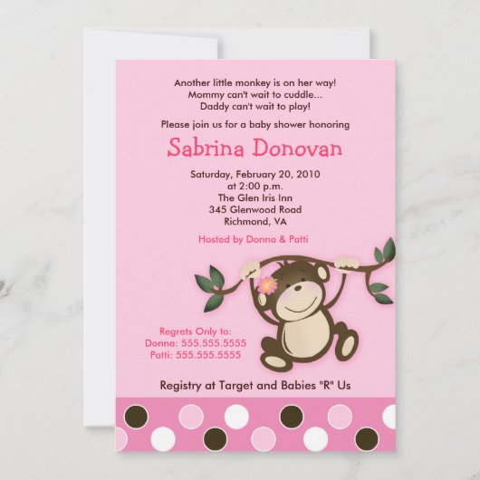 Invitation MONKEY PLAY 5x7 BABY SHOWER FILLE ROSE (Devant)