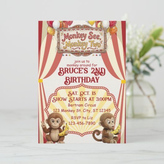 Invitation Monkey See Monkey Two, Circus 2nd Birthday (Debout devant)