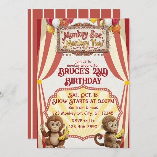Invitation Monkey See Monkey Two, Circus 2nd Birthday (Devant / Derrière)