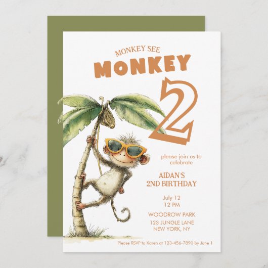 Invitation Monkey See Second Birthday (Devant / Derrière)