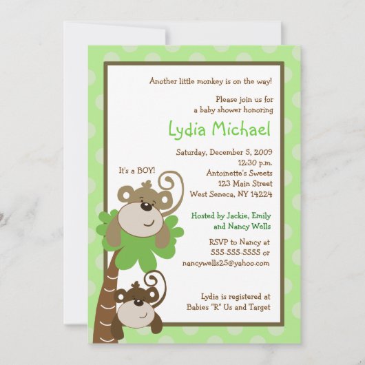 Invitation Monkey Time 5x7 Palm Tree Jungle Baby shower (Devant)