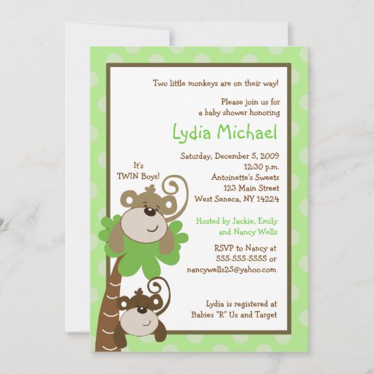 Invitation Monkey Time 5x7 TWINS Jungle Baby shower (Devant)