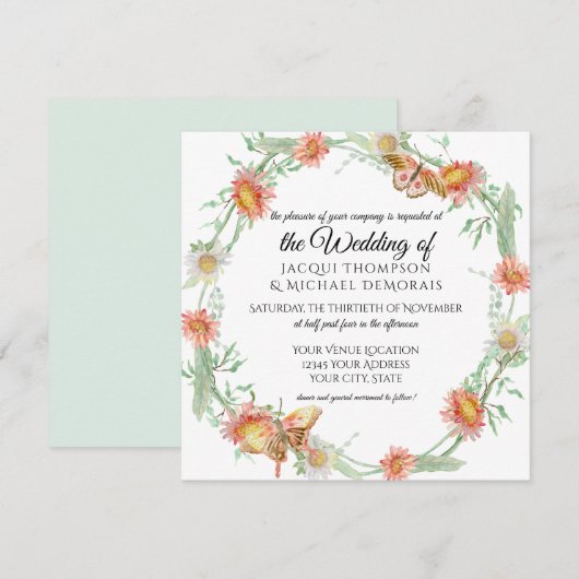 Invitation Monnaie blanche Mint Green n Coral Papillon Floral (Devant / Derrière)