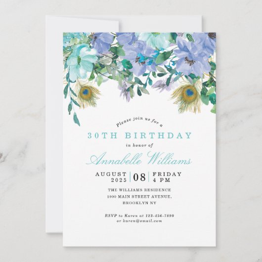 Invitation Monnaie Boho Rustique Vert Bleu Floral 30e anniver (Devant)