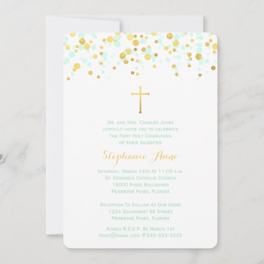 Invitation Monnaie Communion et Confetti Or (Devant)