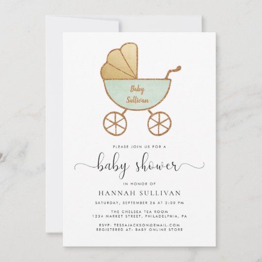 Invitation Monnaie d'or minimal Retro Carriage Mint Baby show (Devant)