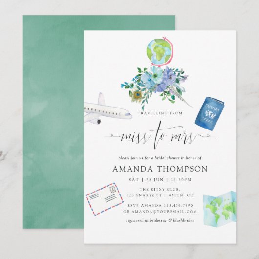 Invitation Monnaie et Boho bleu Mlle à Mme Fête des mariées (Devant / Derrière)