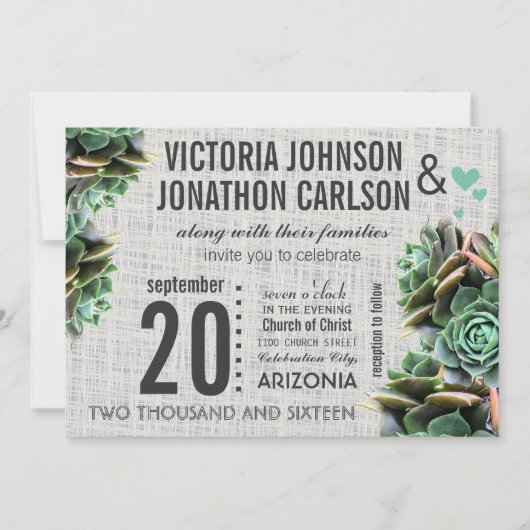 Invitation Monnaie et Burlap Succulent Mariage moderne (Devant)