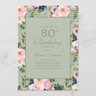 Invitation Monnaie florale rose pâle Vert 80e anniversaire